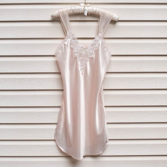 Dentelle Other - Vtg Dentelle USA Pink Satin Beaded Lace Chemise Slip Dress Nightgown Sz S Y2K